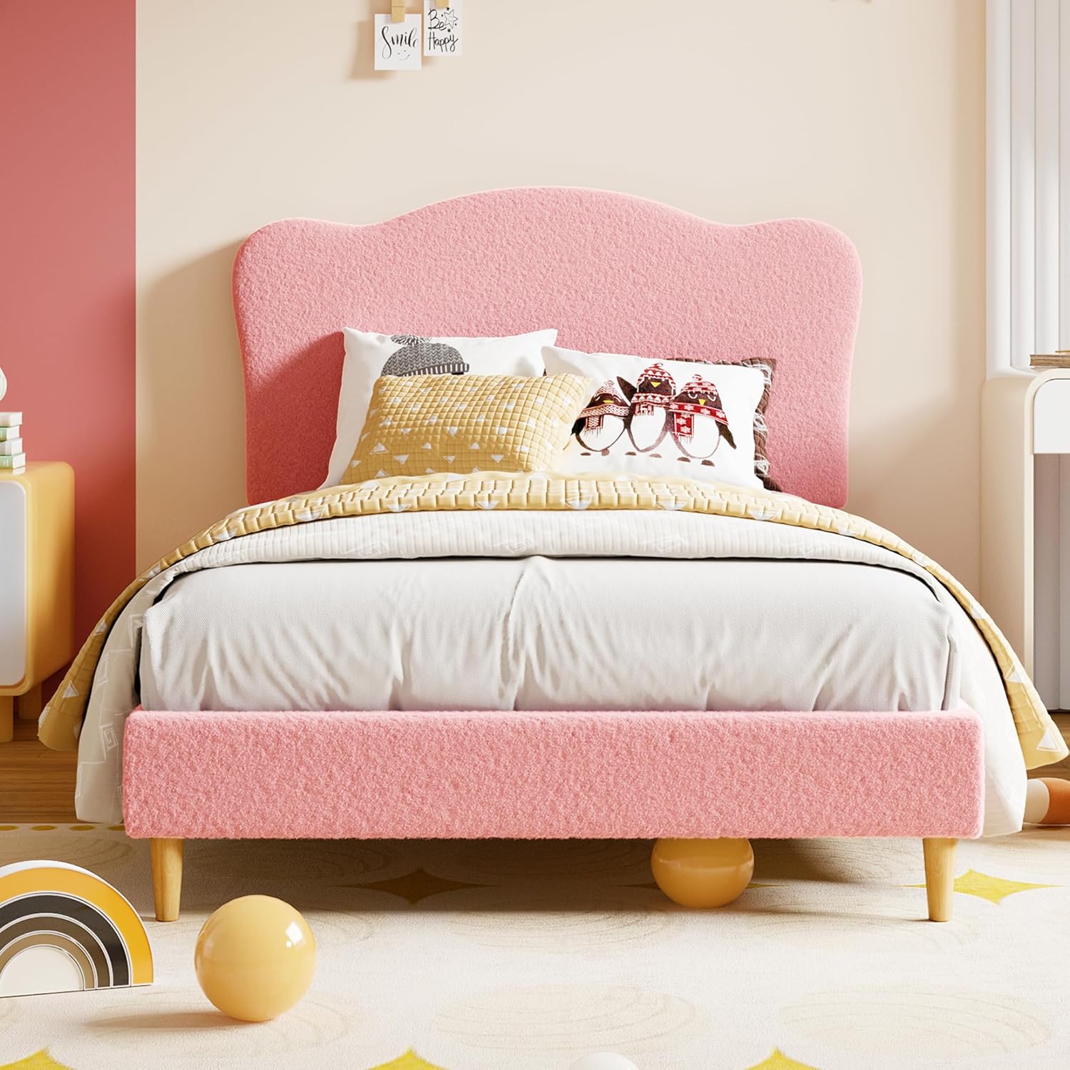 Garvee Twin Size Upholstered Bed Frame with Adjustable Crown Headboard, Velvet Princess Platform Bed, Heavy Duty, Solid Wood Slat Support, No Box Spring Needed, Easy Assembly, Pink