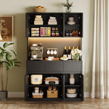 Garvee Pantry Cabinet with LED Lights and Charging Station, Large Kitchen Pantry with Microwave Countertop, Tall Storage Cabinet with Storage Drawers, Black - black