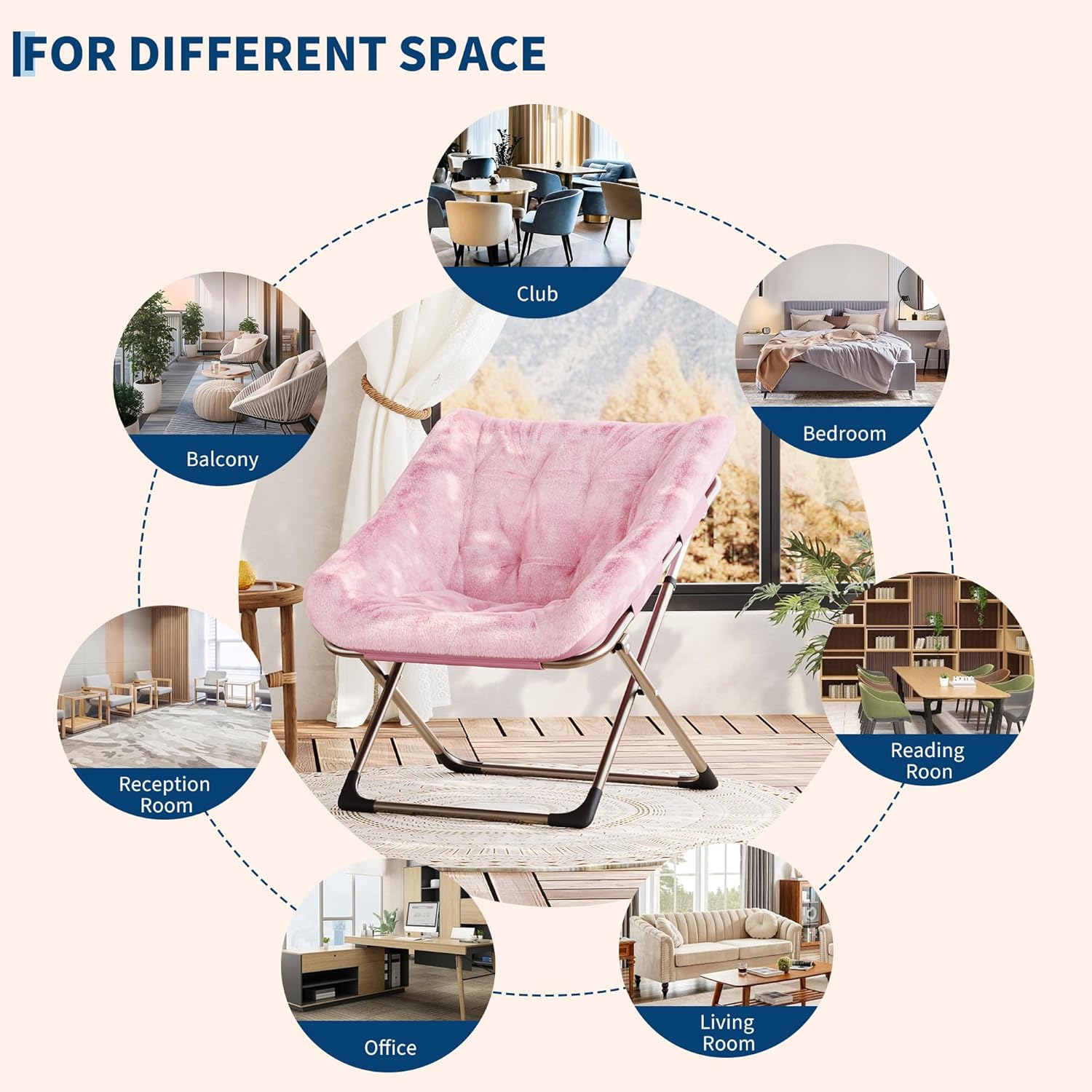Garvee Folding Saucer Chairs for Adults, Comfy Faux Fur Lazy Chair with Metal Frame, 300 LB Capacity, No Assembly Required for Living Room, Bedroom, Dorms, Pink