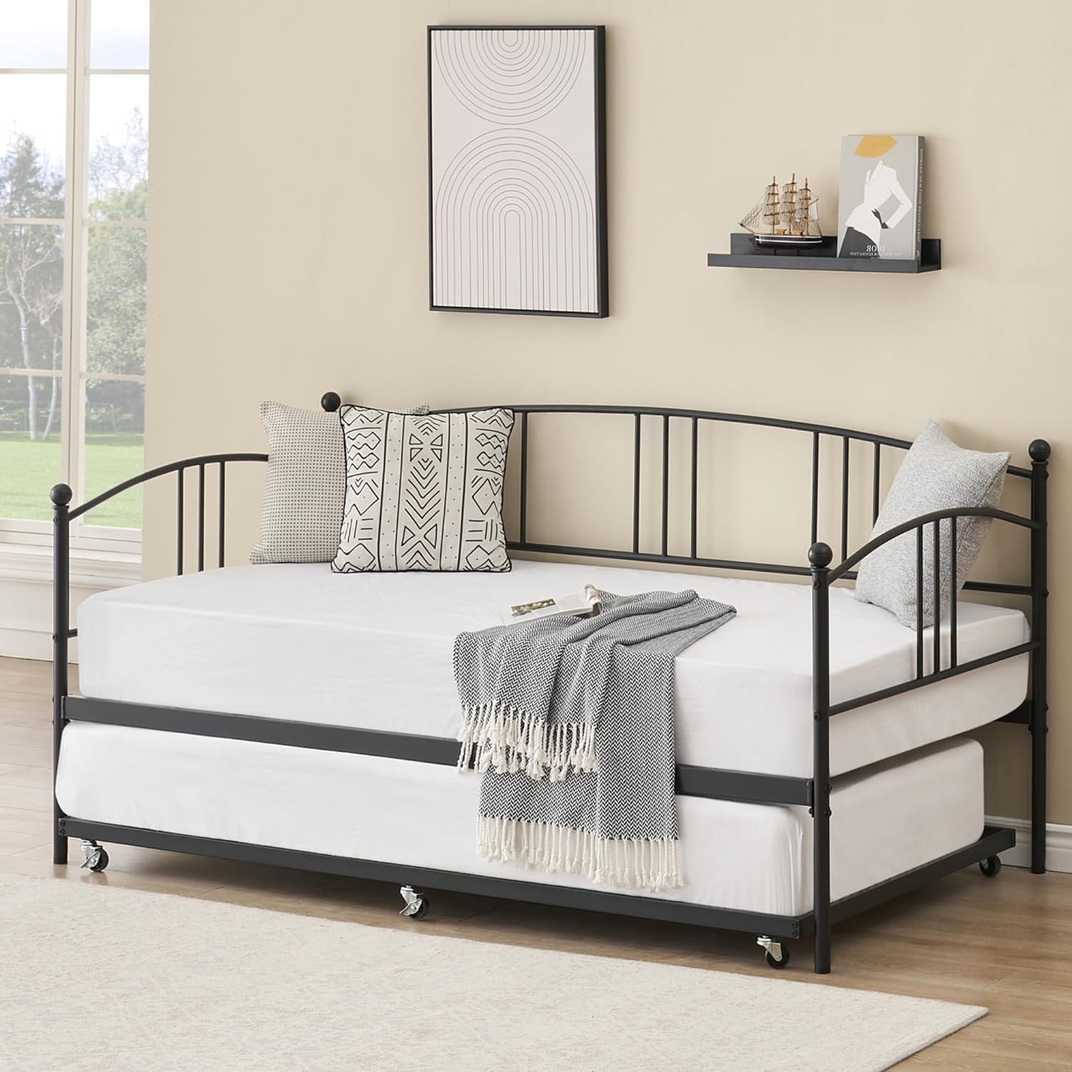 Garvee Daybed with Trundle, Sturdy Metal Day Bed with Steel Slat Support, Trundle Bed Twin with Arched Headboard, SofaBed for Living Room, Bedroom and Guest Room, Black