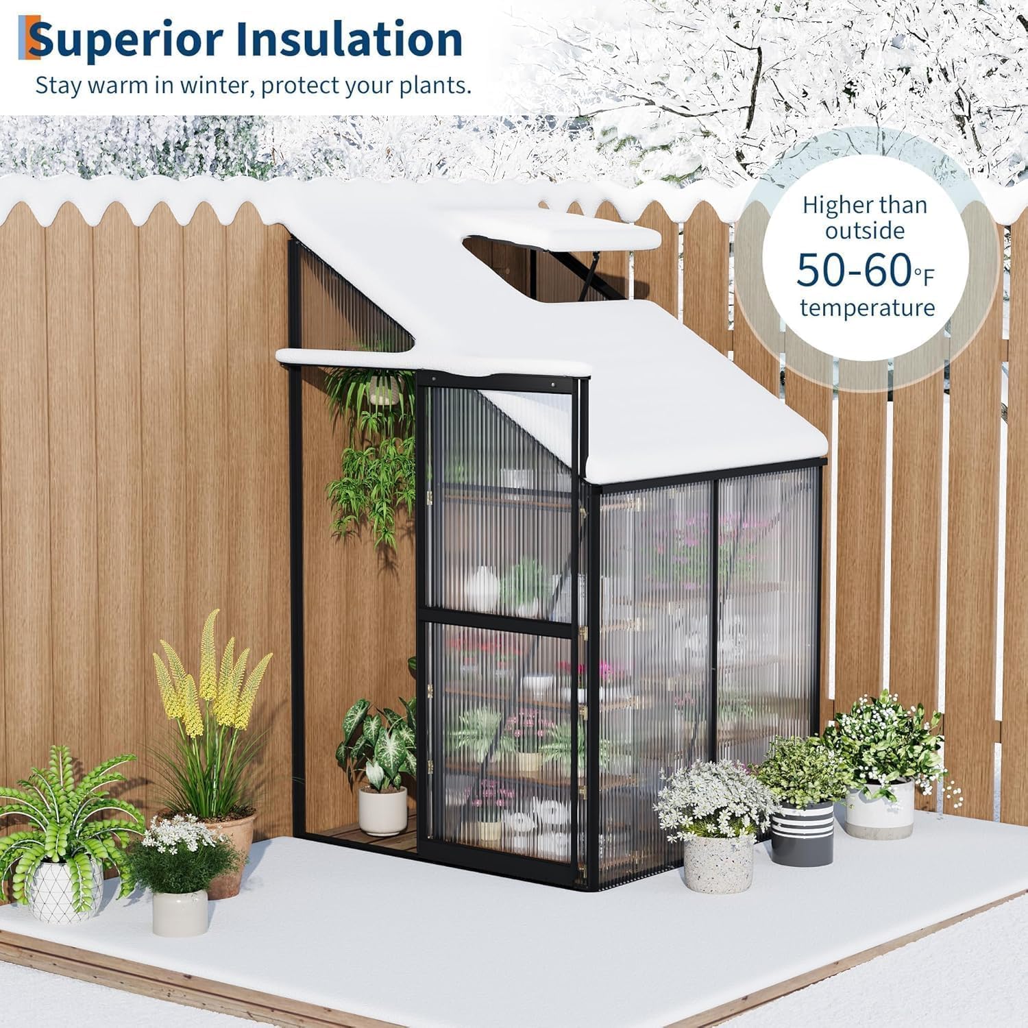 Garvee 4×4FT Lean-To Polycarbonate Greenhouse Kit, Heavy Duty Walk-In Plant Shelter with Sliding Door & Adjustable Roof Vent, Black