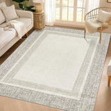 Garvee Bordered Beige 8x10 Machine Washable Area Rug – Modern Stain-Resistant, Soft, Non-Slip, Low-Pile Accent Carpet for Living Room, Bedroom, or Home Decor - Beige