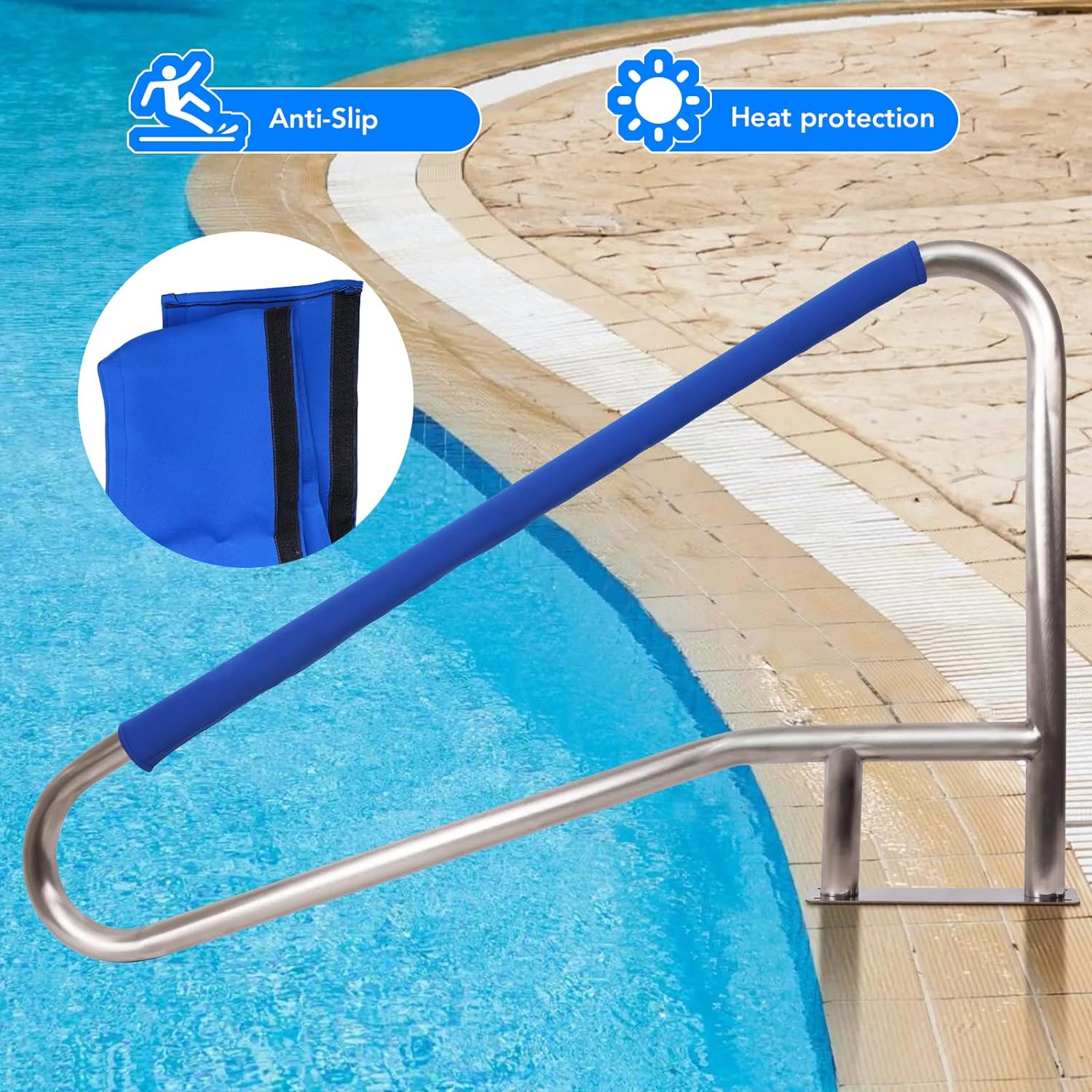 Garvee Pool Handrail 55"x32" Swimming Pool Stair Rail 304 Stainless Steel Rustproof 250LBS Load Capacity Pool Handrail for Inground Pool with Blue Grip Cover