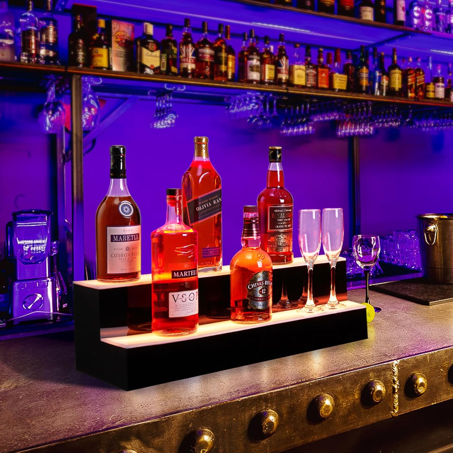 Garvee LED Bar Shelf,Wall Mounted Acrylic Liquor Bottle Rack with Remote & App Control,Multicolor Lighting, 4 Modes,for Restaurants, Nightclubs, Home Bars,2 Tier,16inch