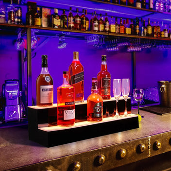 Garvee LED Lighted Liquor Bottle Display, 2 Tier 30 Inch Wall Mounted Acrylic Liquor Shelf with Wine Holder Slots, 4 Modes, 16 Colors, Remote & App Control for Home Commercial Bar