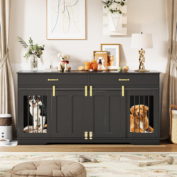 Garvee 71" Extra Large Dog Crate Furniture, Heavy Duty Wood  Double Kennel Furniture with Removable Divider, 2 Lockable Doors & 2 Drawers, Indoor Pet Crate End Table TV Stand for Living Room