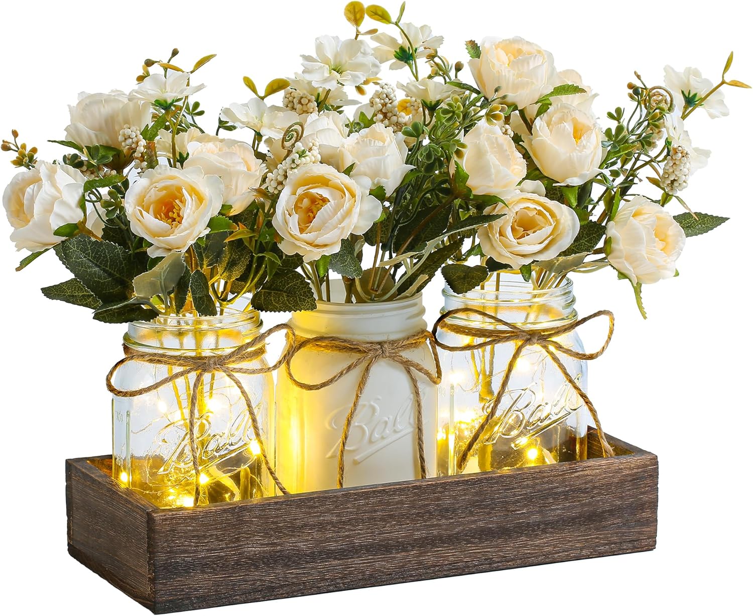Garvee Farmhouse 3PCS Centerpiece Table Decorations with Roses Artificial Flowers Mason Jars and Wood Tray for Dining Coffee Table, White