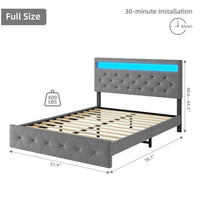 Garvee Full Bed Frame with LED Lights Headboard, LED Bed Frame with Fast-Charging USB Port, Upholstered Platform Bed Frame, No Box Spring Needed, Easy Assembly, Grey