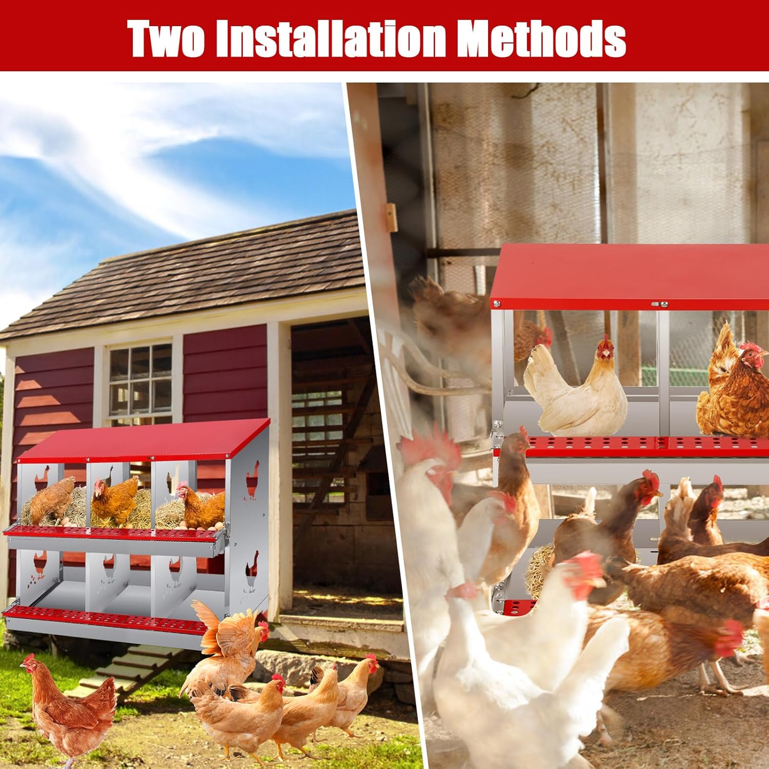 Garvee 6 Compartment Chicken Nesting Box - Heavy Duty Metal Coop with Roll Away Egg Collection, Perch, Lid Cover for Egg Protection - Wall Mount/Free Standing Nest Box for Chickens, Hens, Ducks