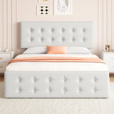 Garvee Full Size Bed Frame with 4 Storage Drawers and Headboard, Faux Leather Upholstered Platform Bed Frame with Wooden Slats Support, Button Tufted Design, No Box Spring Needed, Beige - Off-white PU(AX-2)