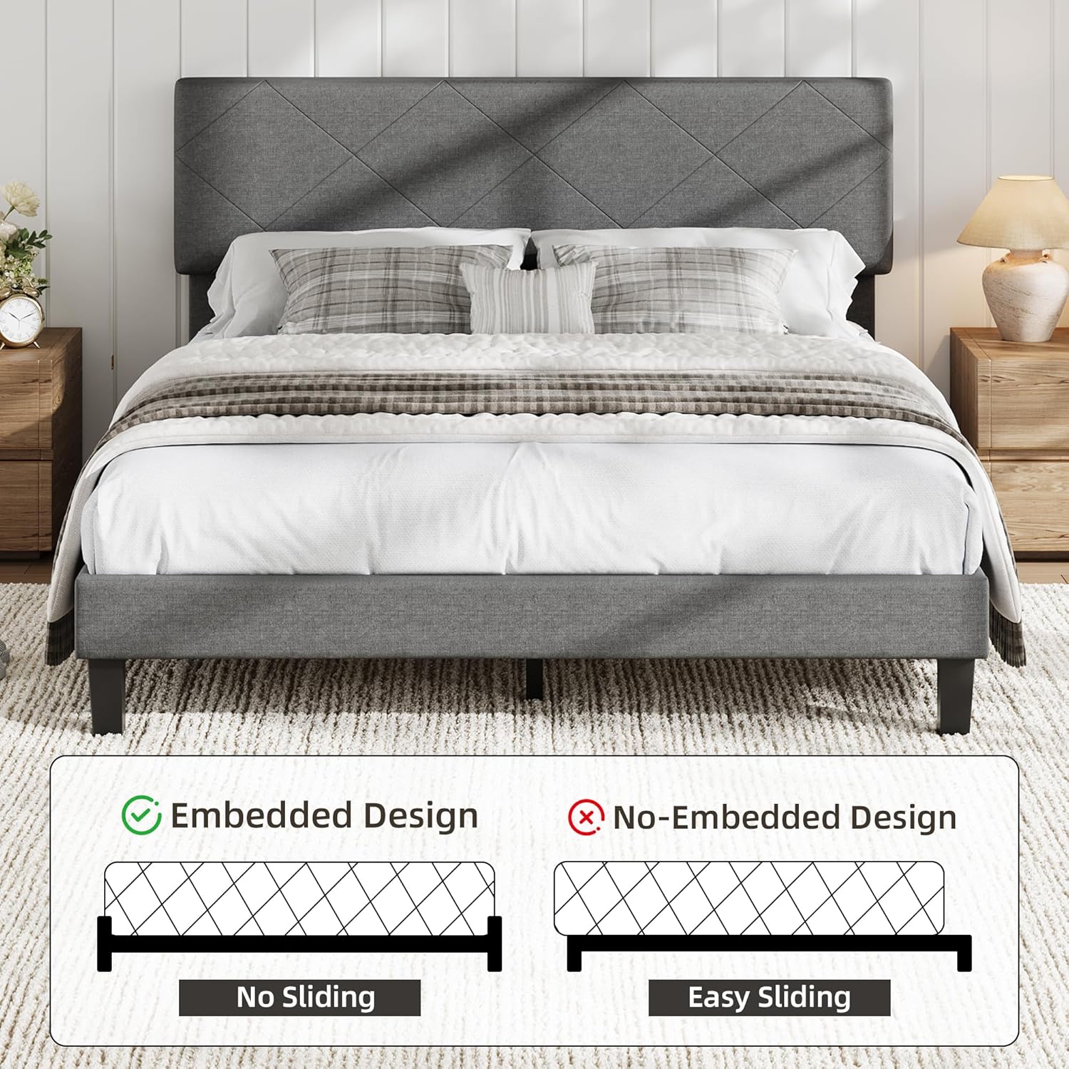Garvee King Size Bed Frame with Upholstered Headboard, King Size Platform Bed Frame with Wooden Slat Support, Easy Assembly Platform Bed, No Box Spring Needed & Noise Free, Gray