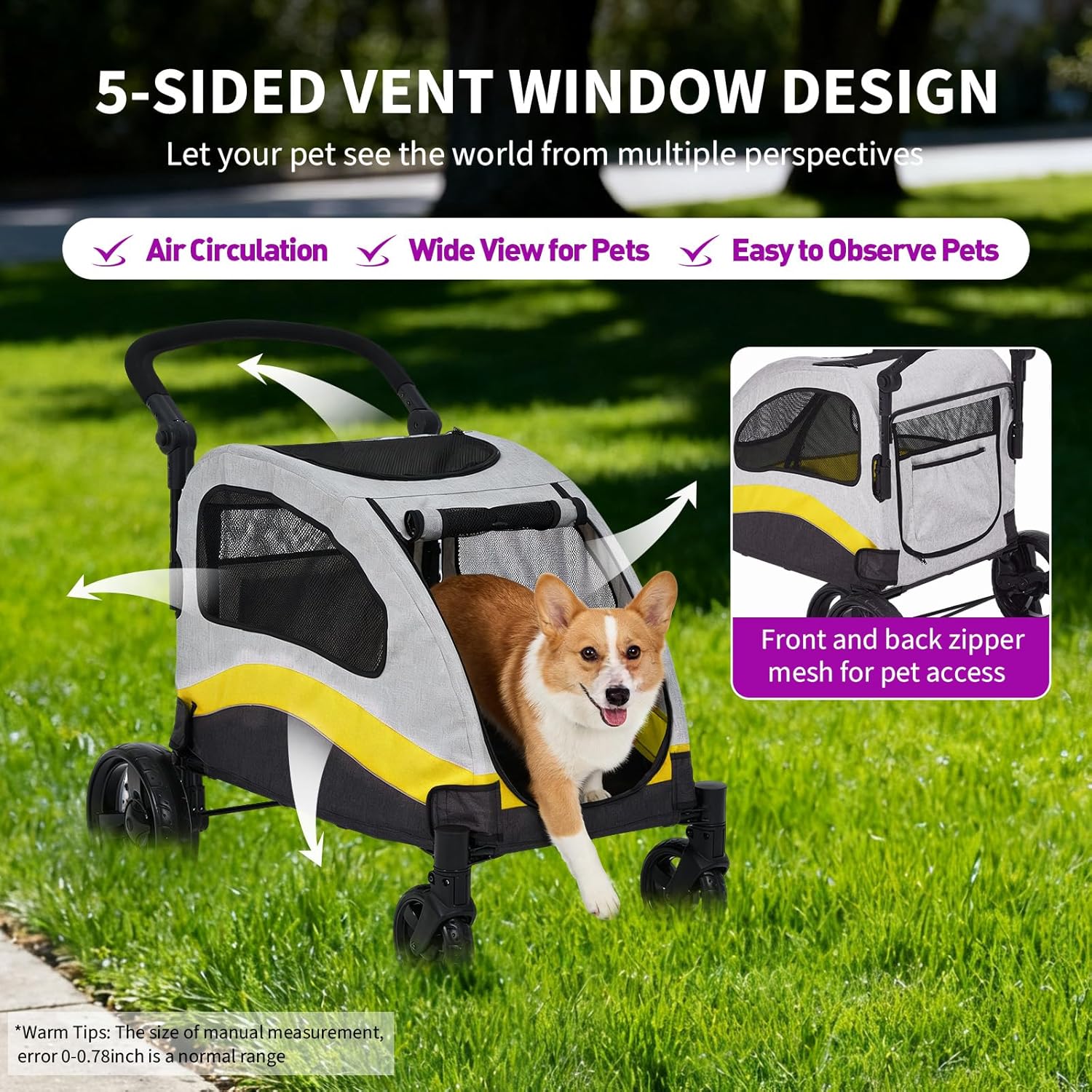 Garvee Foldable Dog Stroller, Large Dog Carrier with 360° Wheels, Adjustable Handle & Storage Pocket, Portable Puppy Travel Strollers, Pet Wagon for Large Dogs, 135 Lbs Capacity, Yellow
