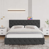 Garvee Queen Size Bed Frame with USB Ports，Upholstered Platform with Adjustable Headboard, Strong Frame and Wooden Slats Support, Linen Fabric Wrap No Box Spring Needed, Easy Assembly, Dark Grey - Dark Grey