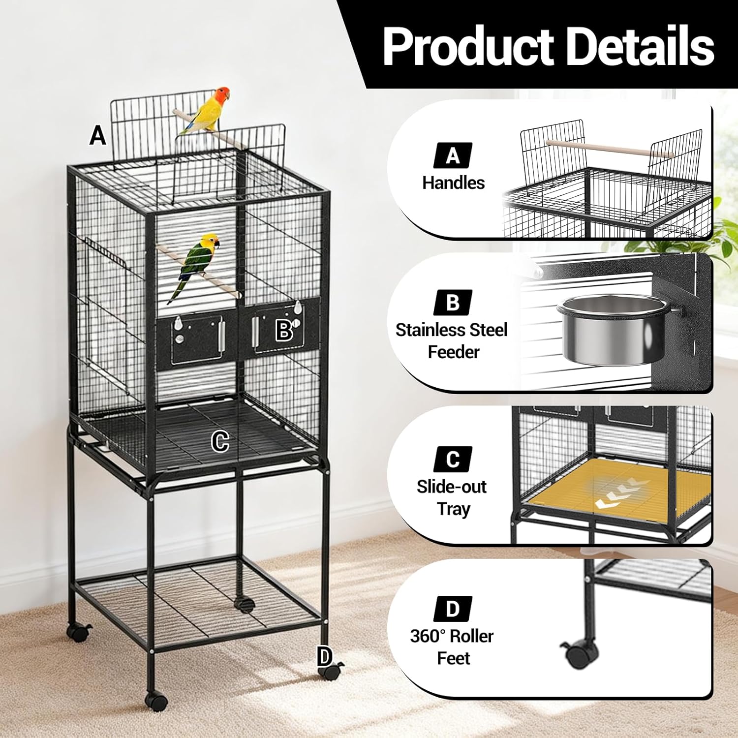 Garvee Bird Cage with Wheels, Durable Wrought Iron Parakeet Cage with Slide Out Tray, 63 Inch Black Bird Cages for Parakeets Lovebird Cockatiels Budgies and Other Small Medium Birds, Black