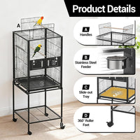 Garvee Bird Cage with Wheels, Durable Wrought Iron Parakeet Cage with Slide Out Tray, 63 Inch Black Bird Cages for Parakeets Lovebird Cockatiels Budgies and Other Small Medium Birds, Black