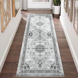 Garvee Area Rug 2x6 Low-Pile Machine Washable Rug Vintage Rug with Non-Slip Backing, Indoor Non-Shedding Floor Rugs for Living Room Bedroom Kitchen Laundry Home Office Carpet,Grey - Gray