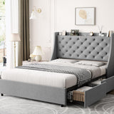 Garvee Queen Bed Frame with 4 Storage Drawers, Type-C & USB Port, Upholstered Wingback Headboard, Metal Frame, Easy Assembly - Light Grey