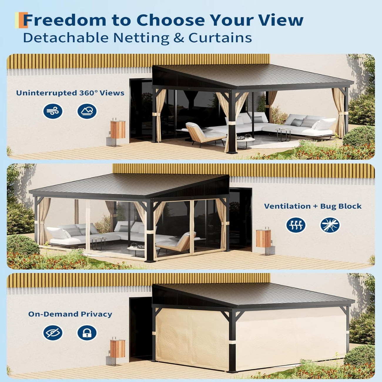 Garvee 10'x14' Wall-Mounted Lean-To Gazebo with Galvanized Steel Roof, Gutters, Sliding Netting & Curtains, Rust-Resistant Frame, UV Protection, Patio & Garden