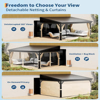 Garvee 10'x14' Wall-Mounted Lean-To Gazebo with Galvanized Steel Roof, Gutters, Sliding Netting & Curtains, Rust-Resistant Frame, UV Protection, Patio & Garden