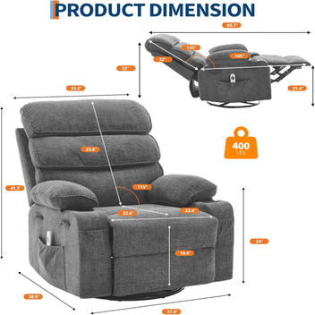 Garvee Massage Rocker Recliner with Heating, 360° Swivel Glider Recliner Chairs for Adults, Linen Nursery Chair with Side Pocket, Two Cup Holders, Gray