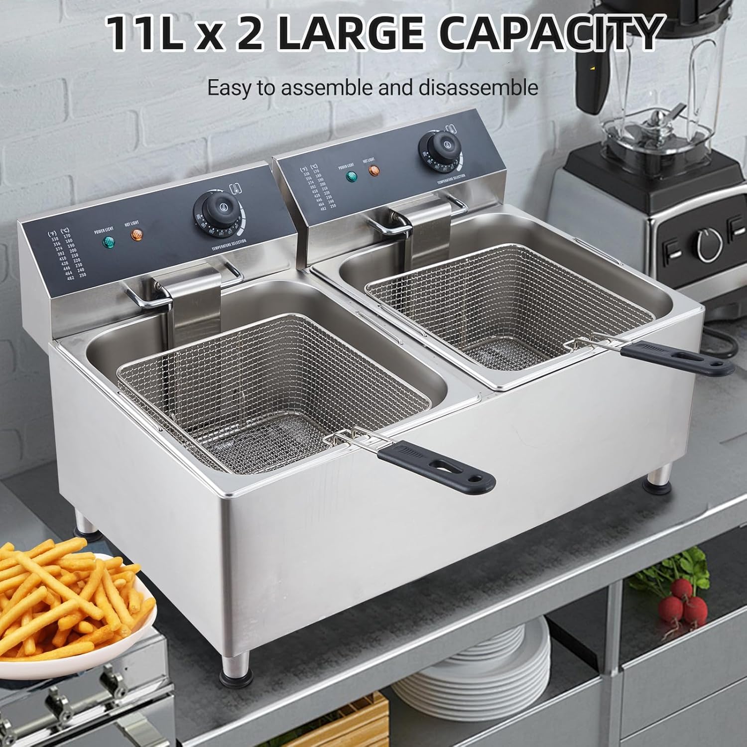 Garvee 23.2QT Deep fryer, Commercial Deep Fryer 22L Dual Tank Electric Deep Fryers with Basket Electric Countertop Fryer, for Extra Large Thick Frying Basket and Lid, 1700 W, 110V