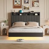 Garvee Queen Floating Bed Frame With RGB LED Lights & Charging Station, Upholstered Platform Bed Frame With Storage Headboard, 50”Tall Headboard Leather Bed Frame Queen Size No Box Spring Needed, Black - Black