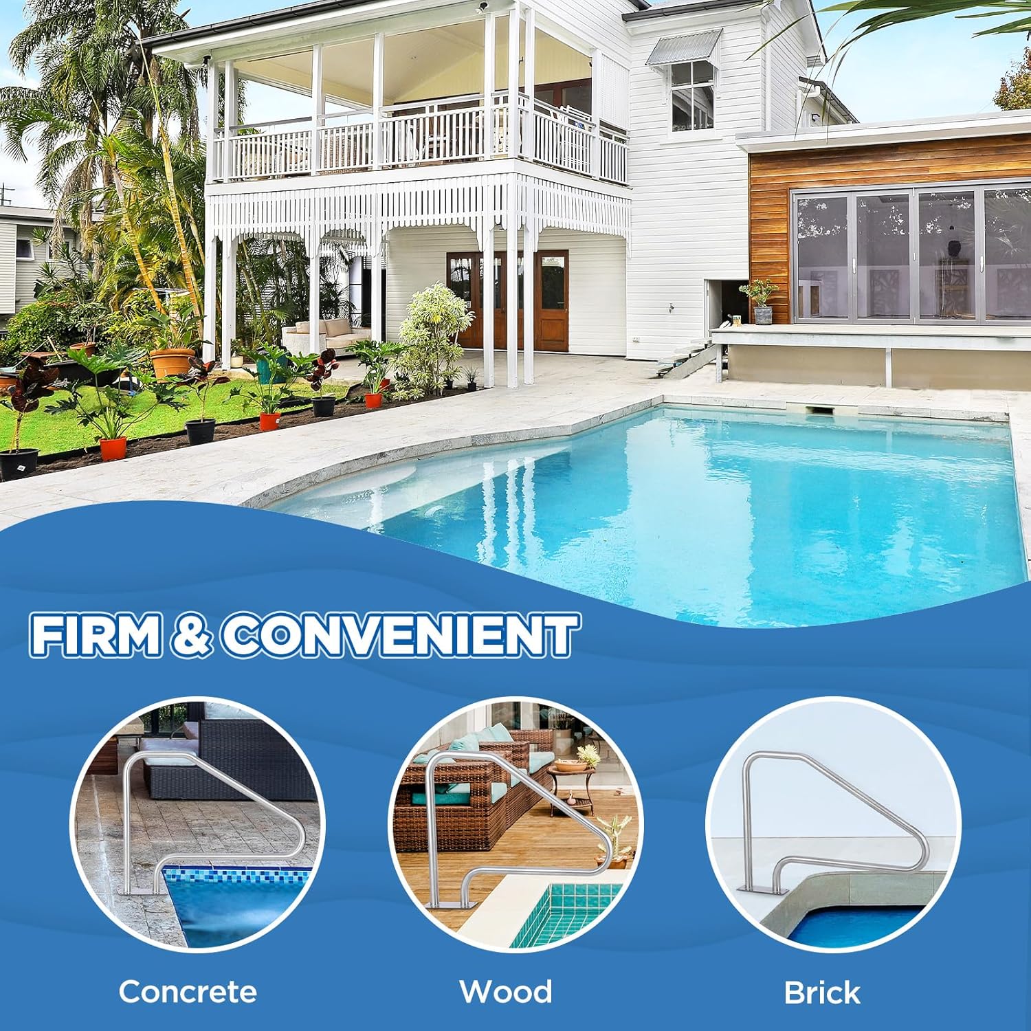 Garvee Pool Handrail 50x36 Pool Rail 304 Stainless Steel Silver Rustproof Pool Stair Rail with Blue Grip Cover Humanized Swimming Pool Railing, Quick Mount Accessories for Pools and Spas