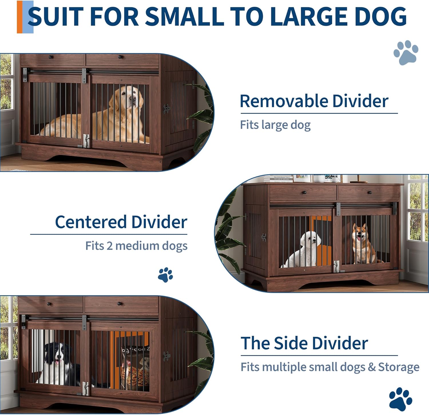 Garvee Dog Crate Furniture for 2 Dogs, 47" Double Dog Kennel with Removable Divider and 2 Drawers, Triple Doors, Decorative TV Stand Side Table, Indoor Pet Cage for L/M/S Dogs, Dark Brown