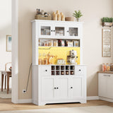 Garvee 68.7" Pantry Cabinet with LED Light and Charging Station, Large Kitchen Hutch with Storage Drawers & Adjustable Shelves, Farmhouse Style, White - White