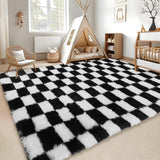 Garvee Fluffy Area Rug 5x8 Black & White Checkered Plush Soft Shaggy Carpet for Bedroom Living Room - Black & White