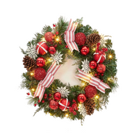 Garvee Lighted Christmas Wreath with Pine Cones and Berries, 20 LED Lights, Artificial Durable Material, Striped Bows, Battery Operated, Outdoor Front Door Decor