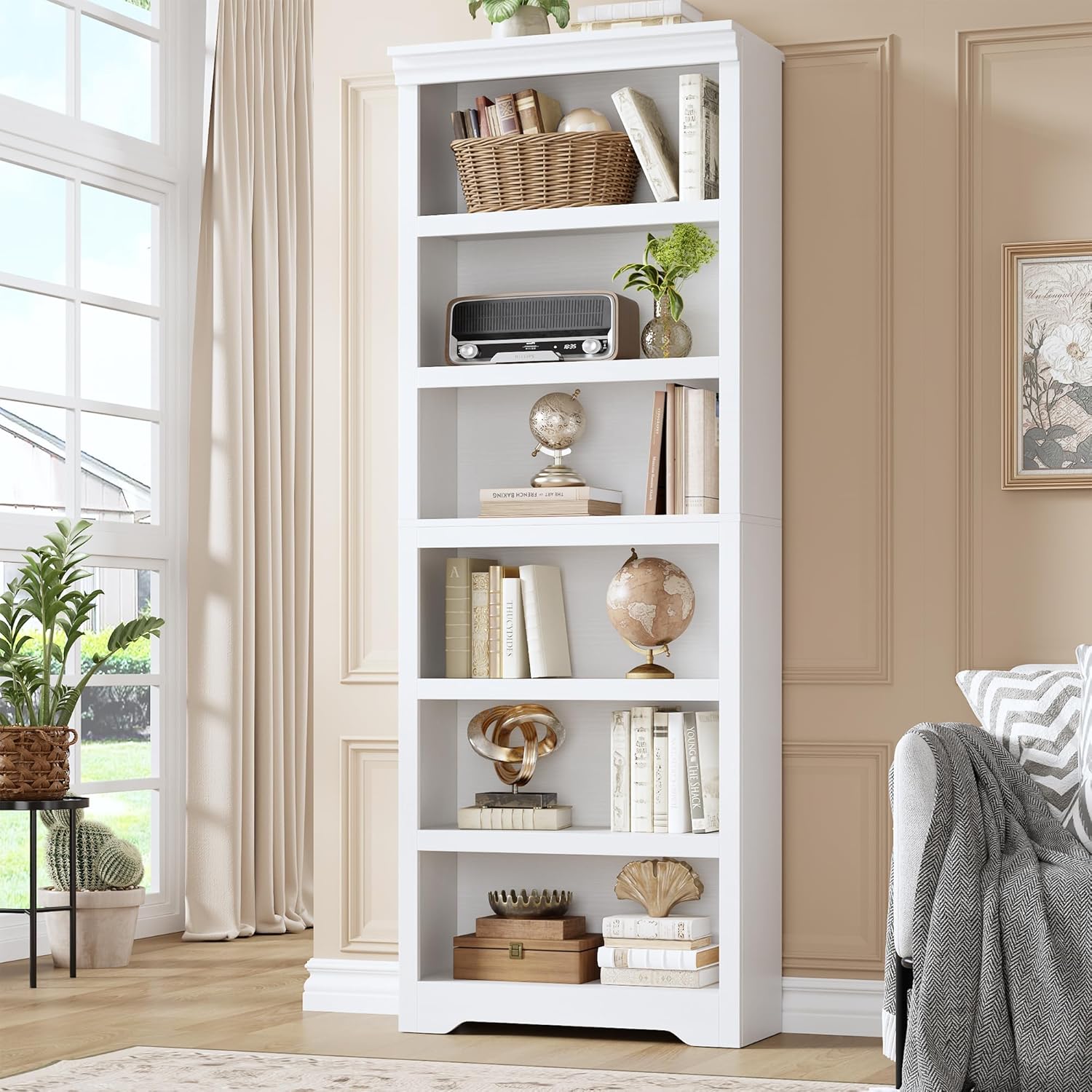 Garvee 6 Tier Bookshelf, 75" Tall Farmhouse Bookcase with Adjustable Shelves, 23.6" W Floor Standing Open Display Storage Rack with Anti-Slip Design for Home Office, Balcony, Library, Study / Living Room, White