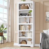 Garvee 6 Tier Bookshelf, 75" Tall Farmhouse Bookcase with Adjustable Shelves, 23.6" W Floor Standing Open Display Storage Rack with Anti-Slip Design for Home Office, Balcony, Library, Study / Living Room, White