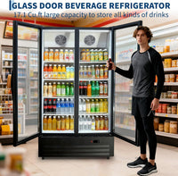 GARVEE 32.5 Cu.ft Double Door Commercial Beverage Cooler - 580-Can Glass Display Fridge | Frost-Free Air-Cooled, Automatic Door Rebound | for Bar/Restaurant/Supermarket (Black)