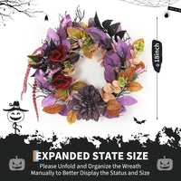 Garvee 18 Inch Halloween Wreath, Halloween Garland with Artificial Roses & Spiders, Indoor Outdoor Holiday Accent Decoration for Front Door Porch Wall Home Party Window, Red & Purple