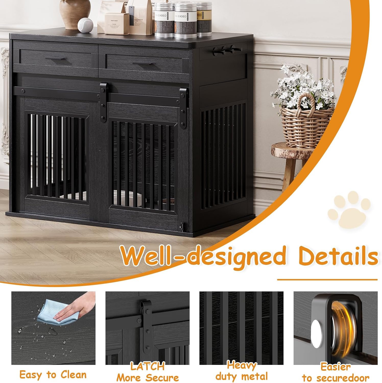 Garvee Heavy Duty Wooden Dog Crate Furniture with Sliding Barn Door and 2 Storage Drawers, Indoor Dog Kennel End Table with Hook, Farmhouse Style Dog Crates for Medium/Large Dogs, Black