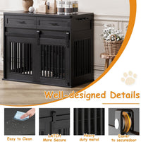 Garvee Heavy Duty Wooden Dog Crate Furniture with Sliding Barn Door and 2 Storage Drawers, Indoor Dog Kennel End Table with Hook, Farmhouse Style Dog Crates for Medium/Large Dogs, Black