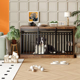 Garvee 55" Extra Large Dog Crate Furniture Heavy Duty Metal Wooden Dogs Kennel Indoor Dog Cage Sliding Door 2 Bowls Medium Large Dogs TV Stand Rustic Brown