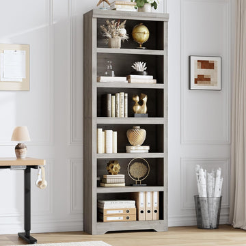 Garvee 6 Tier Bookshelf, 75" Tall Farmhouse Bookcase with Adjustable Shelves, 23.6" W Floor Standing Open Display Storage Rack with Anti-Slip Design for Home Office, Balcony, Library, Study / Living Room, Gray