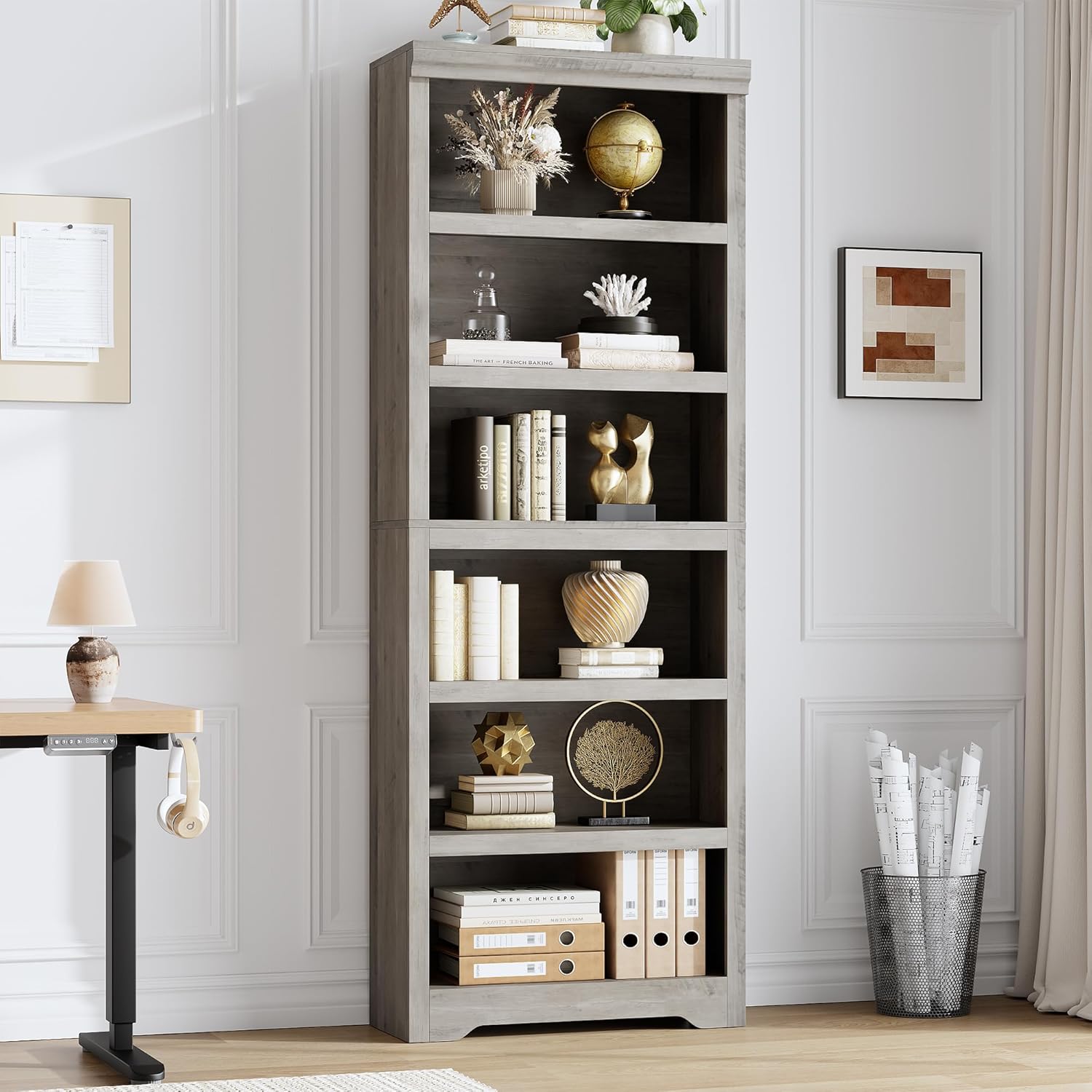 Garvee 6 Tier Bookshelf, 75" Tall Farmhouse Bookcase with Adjustable Shelves, 23.6" W Floor Standing Open Display Storage Rack with Anti-Slip Design for Home Office, Balcony, Library, Study / Living Room, Gray