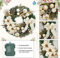 Garvee Pre-Lit Christmas Wreath for Front Door, 24 Inch Large Lighted Wreath with Xmas Balls, Artificial Flower & Bow, Battery Operated Christmas Wreath for Fireplace Window Wall Decor, Champagne