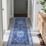 Garvee Boho Vintage Floral Area Rug 2x6 Washable Faux Lamb Velvet Non-Slip Carpet for Living Room Bedroom Bathroom Kitchen Entryway Office - Gray Blue
