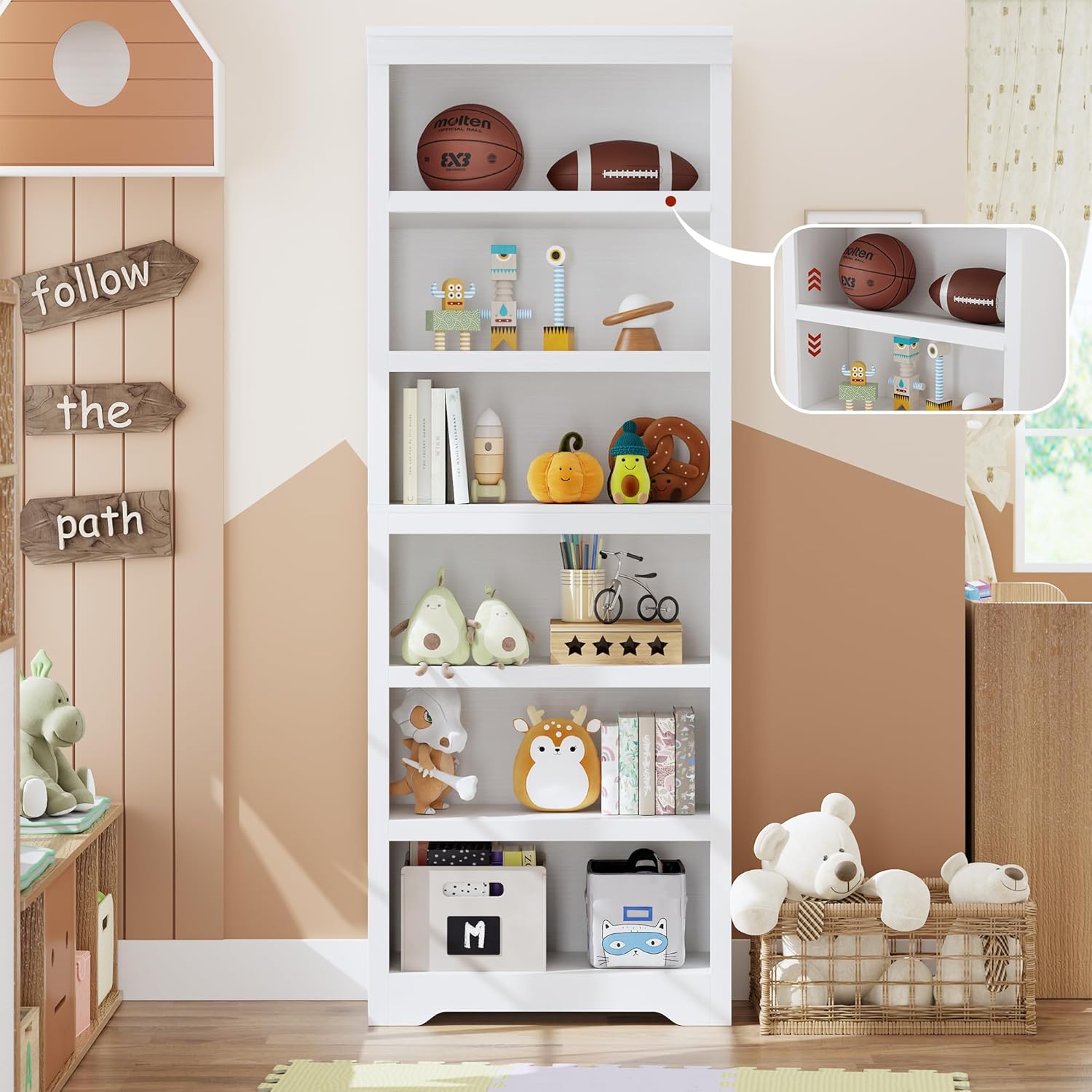 Garvee 6 Tier Bookshelf, 75" Tall Farmhouse Bookcase with Adjustable Shelves, 23.6" W Floor Standing Open Display Storage Rack with Anti-Slip Design for Home Office, Balcony, Library, Study / Living Room, White