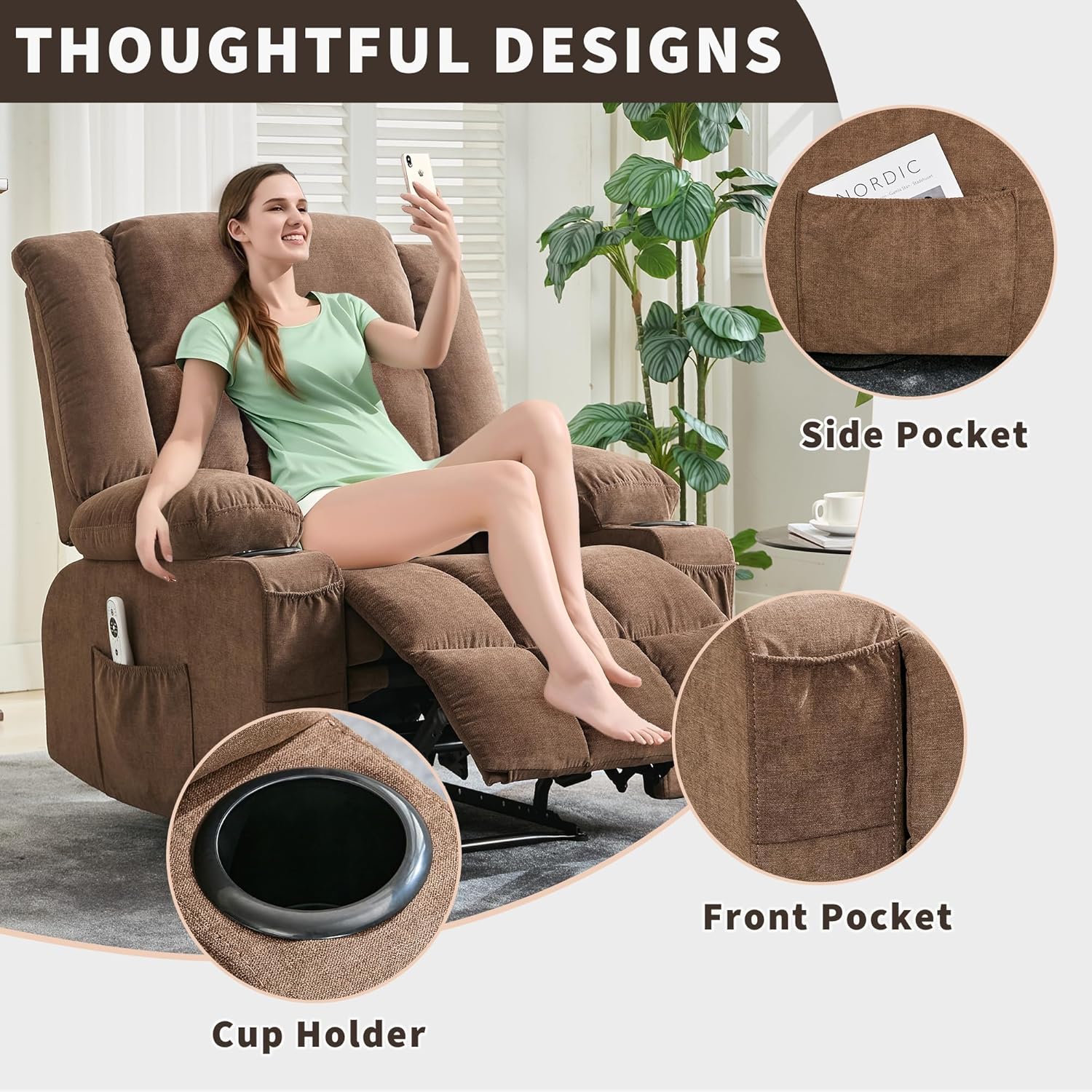 Garvee Manual Recliner Chair with Heat Massage, Widen Overstuffed Oversize Single Sofa Lounge Chair for Big & Tall People with Remote Control 3 Recline Positions 2 Cup Holders Side Pockets, Brwon