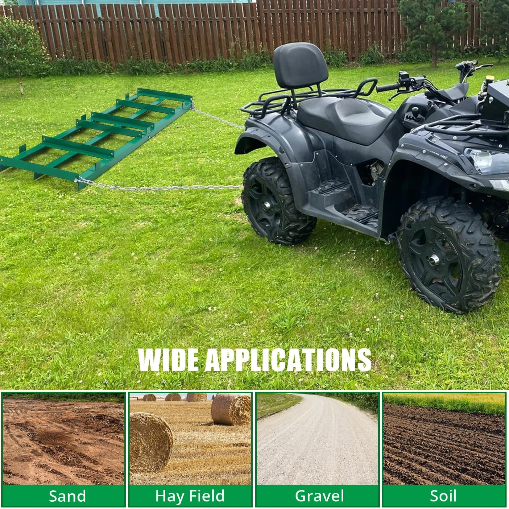 Garvee 4FT Driveway Drag Harrow for ATV, UTV & Tractor, Heavy-Duty Tow Behind Landscape Grader with 6FT Chain for Gravel, Soil, Yard & Field Leveling