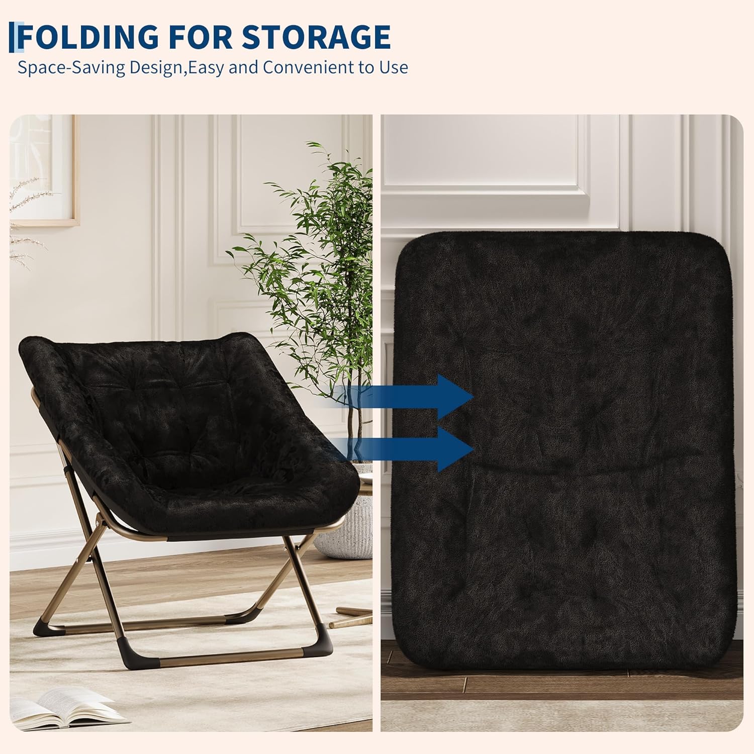 Garvee Folding Saucer Chairs for Adults, Comfy Faux Fur Lazy Chair with Metal Frame, 300 LB Capacity, No Assembly Required for Living Room, Bedroom, Dorms, Black