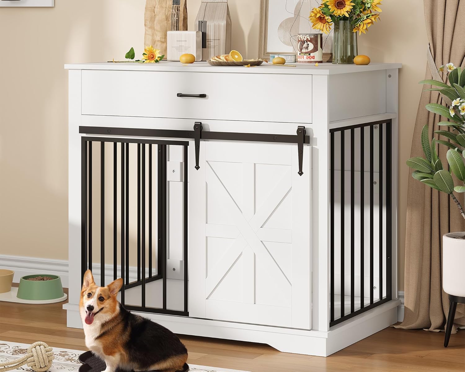 Garvee 37.8"W Dog Crate Furniture for Small/Medium Dogs, 2-in-1 Iron-Wood Fusion Dog Cage Indoor As Side End Table, Farmhouse Dogs Kennel with Sliding Barn Doors & Storage Drawer, White