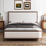 Garvee King Size Upholstered Metal Bed Frame with Linen Headboard & Footboard, Wood Grain, Rivet Design, No Box Spring Needed, Vintage Walnut - Walnut