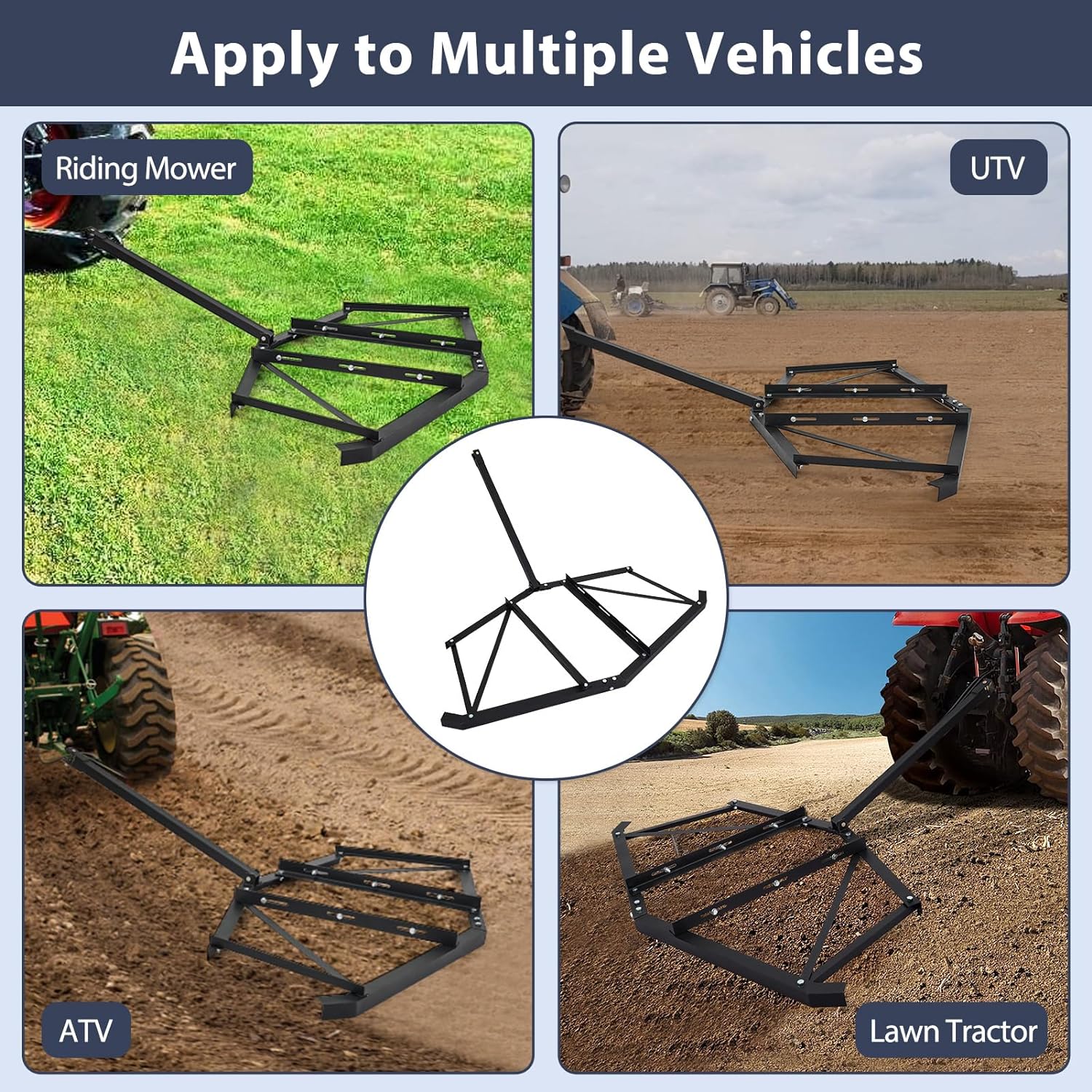 Garvee 74 Inch Width Driveway Drag with 3 Sets Adjustable Bolts & 2 Reinforcement Bars, Tow Behind Drag Harrow with Pin-Style Hitch for ATVs UTV