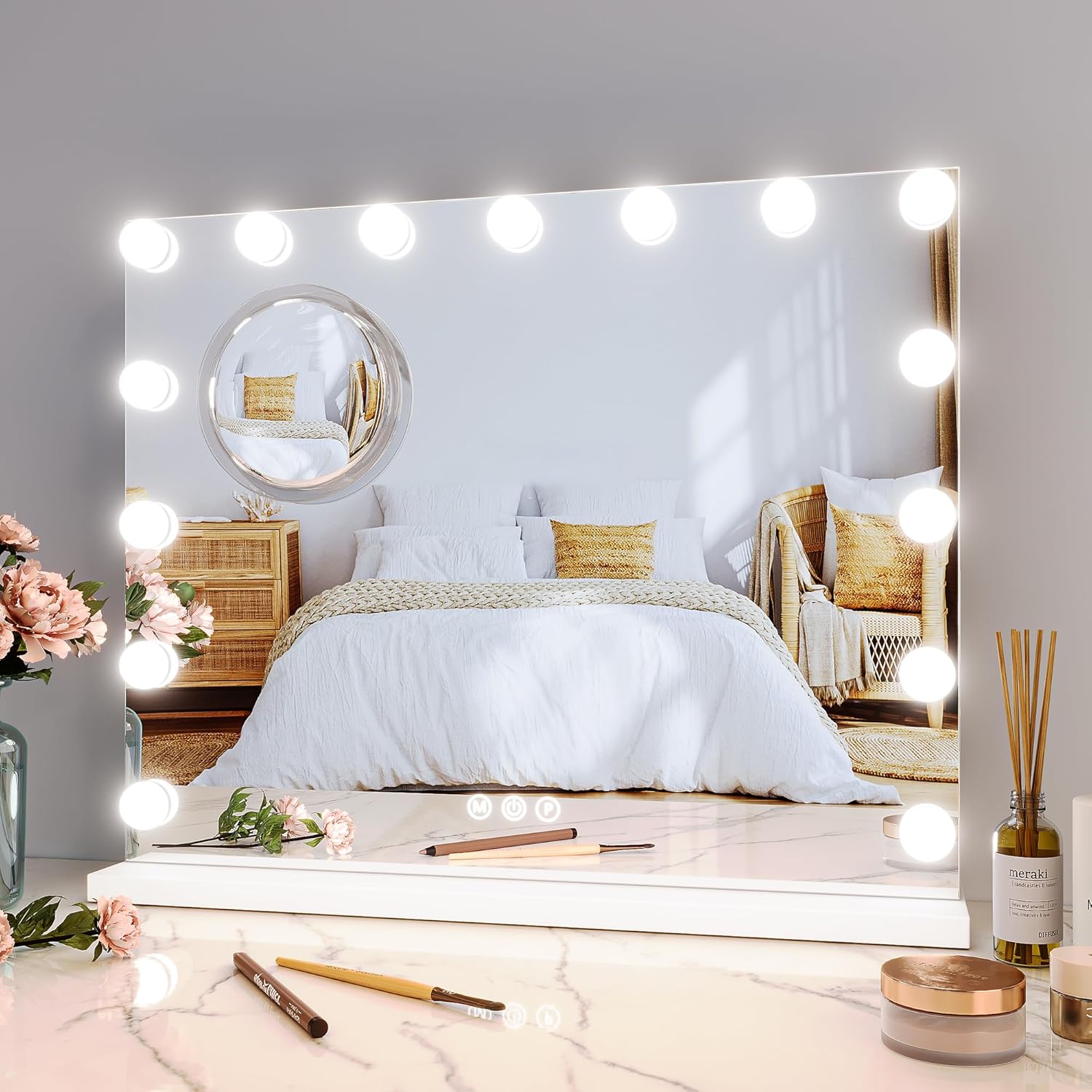 Garvee Vanity Mirror with Lights, Tabletop Lighted Mirror with 15 Dimmable LED Bulbs, Makeup Mirror with 3X Magnification, 3 Colors Modes,Touch Control, USB Charging Port, 23”x18”, White